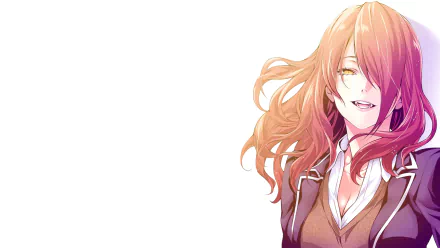 HD wallpaper of Rindō Kobayashi from Food Wars: Shokugeki no Soma. The anime character has long hair, yellow eyes, fangs, and is smiling against a white background.