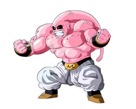 A dynamic 4K Ultra HD wallpaper featuring Majin Buu from Dragon Ball Z, showcasing his muscular form and fierce expression in vibrant colors.