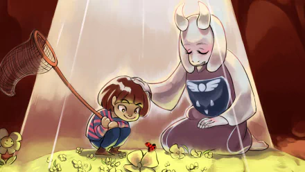 HD wallpaper featuring Frisk and Toriel from Undertale, in a warm, illustrated scene with a cozy, affectionate atmosphere.