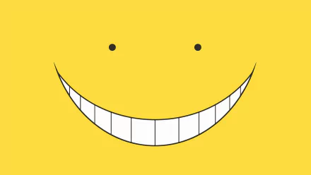 HD wallpaper featuring Koro-sensei from Assassination Classroom, showing his iconic yellow smiley face with a wide, toothy grin and two small black eyes against a bright yellow background.