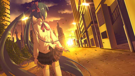 Anime girl with blue hair in twintails, wearing a school uniform with a bow, stands in a sunlit city street at sunset. This HD wallpaper features Hatsune Miku from Vocaloid in a serene urban setting.