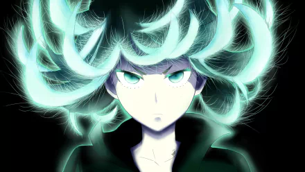 A striking HD wallpaper featuring Tatsumaki from One-Punch Man, showcasing her distinctive green hair and intense gaze against a dark background, capturing her powerful presence.