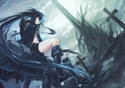 Mato Kuroi from Black Rock Shooter is depicted in a striking HD wallpaper, showcased with dramatic lighting and a backdrop of dark crosses and a turbulent sky.