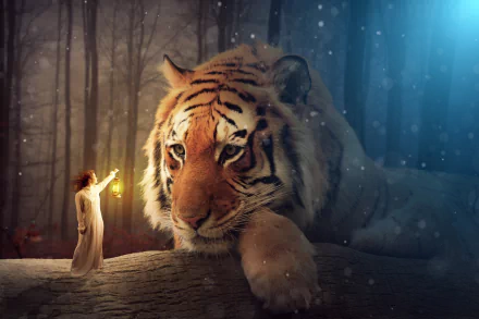 A fantasy HD wallpaper featuring a giant tiger resting in a misty forest, with a woman holding a lantern standing beside it, creating a mysterious and enchanting atmosphere.