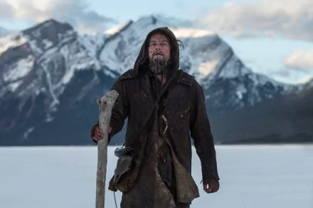 Leonardo DiCaprio stands ruggedly against a dramatic mountainous backdrop in a scene from the movie The Revenant, showcasing the film's intense survival narrative.