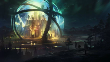 A captivating fantasy landscape at night, featuring a glowing castle encased in a luminous sphere, set against dark mountains and twinkling lights in the foreground.