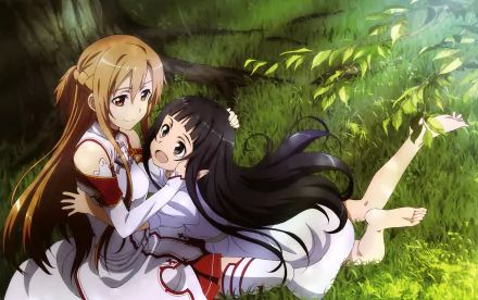 HD desktop wallpaper featuring Yui and Asuna Yuuki from Sword Art Online. The anime characters are depicted lying on the grass in a peaceful, sunny outdoor setting.