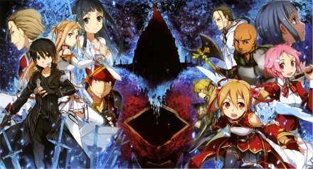 A vibrant HD wallpaper featuring characters from Sword Art Online, including Kirito, Asuna, and Lisbeth, depicted in a dynamic battle scene against a striking background.
