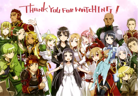 A vibrant HD wallpaper featuring characters from Anime and Sword Art Online, celebrating the series with a cheerful Thank You For Watching! in a lively, colorful scene.