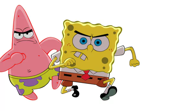 SpongeBob SquarePants and Patrick Star charge forward in this vibrant HD desktop wallpaper, showcasing their iconic expressions and playful energy from the beloved TV show.