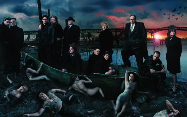 HD PC desktop wallpaper featuring the cast of the TV show The Sopranos against a dark, moody waterfront backdrop with gothic and surreal elements.