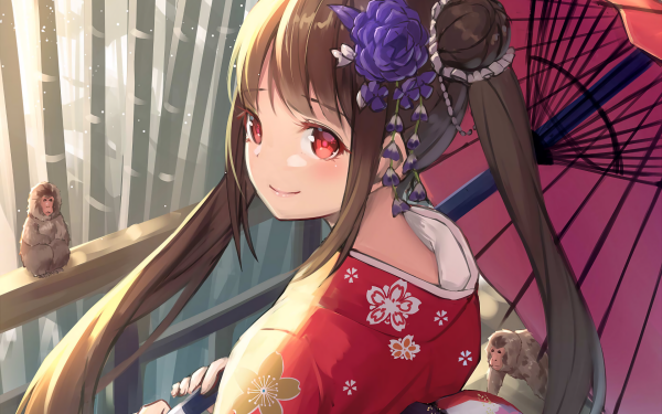 Anime Girl Japanese Clothes Kimono Umbrella Brown Hair Flower Red Eyes Monkey Long Hair HD Wallpaper | Background Image