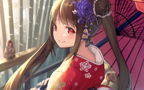 Anime girl with long brown hair, red eyes, and a purple flower in her hair, wearing a traditional Japanese kimono and holding an umbrella. Monkeys are seen in the background.