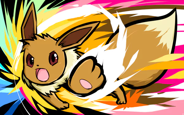 HD desktop wallpaper featuring the Pokémon Eevee with a dynamic multicolored background.