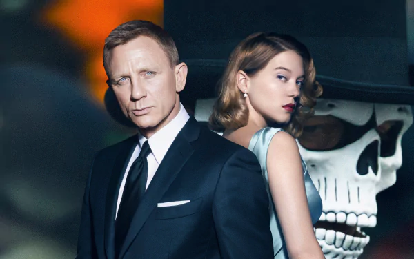 Daniel Craig and Léa Seydoux as James Bond and Madeleine Swann in a dramatic scene from Spectre, set against a striking skull backdrop. 4K Ultra HD wallpaper.