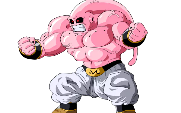 A dynamic 4K Ultra HD wallpaper featuring Majin Buu from Dragon Ball Z, showcasing his muscular form and fierce expression in vibrant colors.