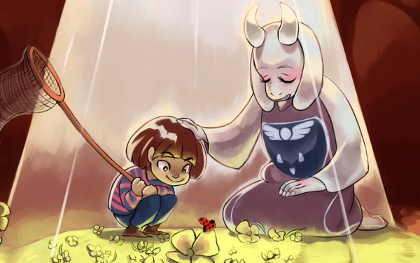 HD wallpaper featuring Frisk and Toriel from Undertale, in a warm, illustrated scene with a cozy, affectionate atmosphere.