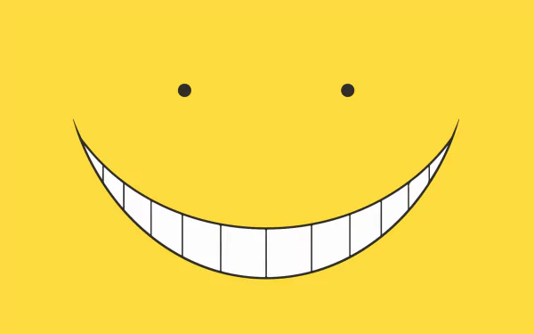 HD wallpaper featuring Koro-sensei from Assassination Classroom, showing his iconic yellow smiley face with a wide, toothy grin and two small black eyes against a bright yellow background.