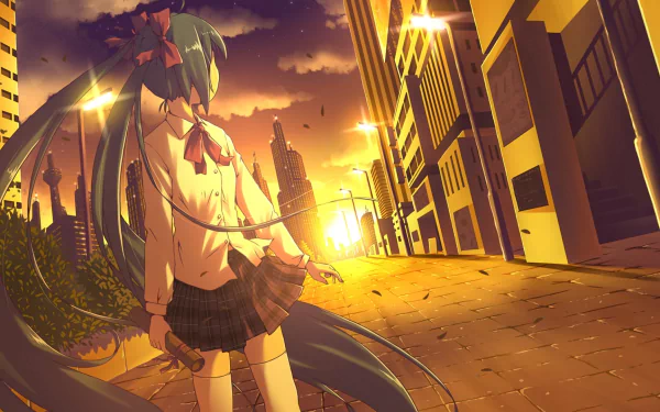 Anime girl with blue hair in twintails, wearing a school uniform with a bow, stands in a sunlit city street at sunset. This HD wallpaper features Hatsune Miku from Vocaloid in a serene urban setting.