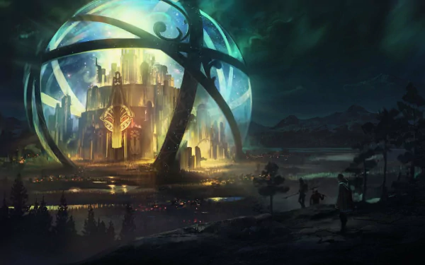 A captivating fantasy landscape at night, featuring a glowing castle encased in a luminous sphere, set against dark mountains and twinkling lights in the foreground.