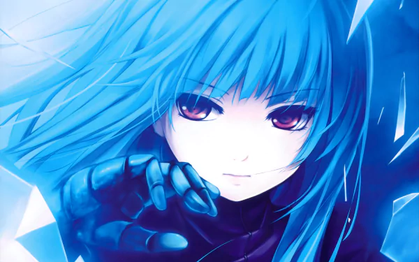 Kula Diamond, a character from The King of Fighters, is featured with long blue hair and striking red eyes, set against a vibrant blue backdrop in this HD desktop wallpaper.