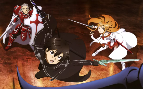 A vibrant 4K Ultra HD wallpaper featuring Heathcliff, Asuna Yuuki, and Kirito from the anime Sword Art Online, engaging in an intense battle scene with swords drawn.