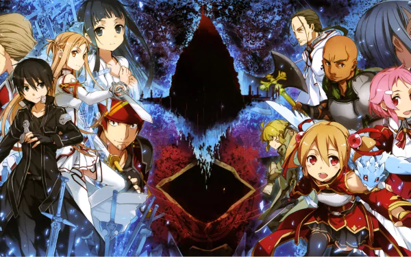 A vibrant HD wallpaper featuring characters from Sword Art Online, including Kirito, Asuna, and Lisbeth, depicted in a dynamic battle scene against a striking background.