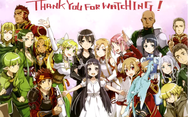 A vibrant HD wallpaper featuring characters from Anime and Sword Art Online, celebrating the series with a cheerful Thank You For Watching! in a lively, colorful scene.