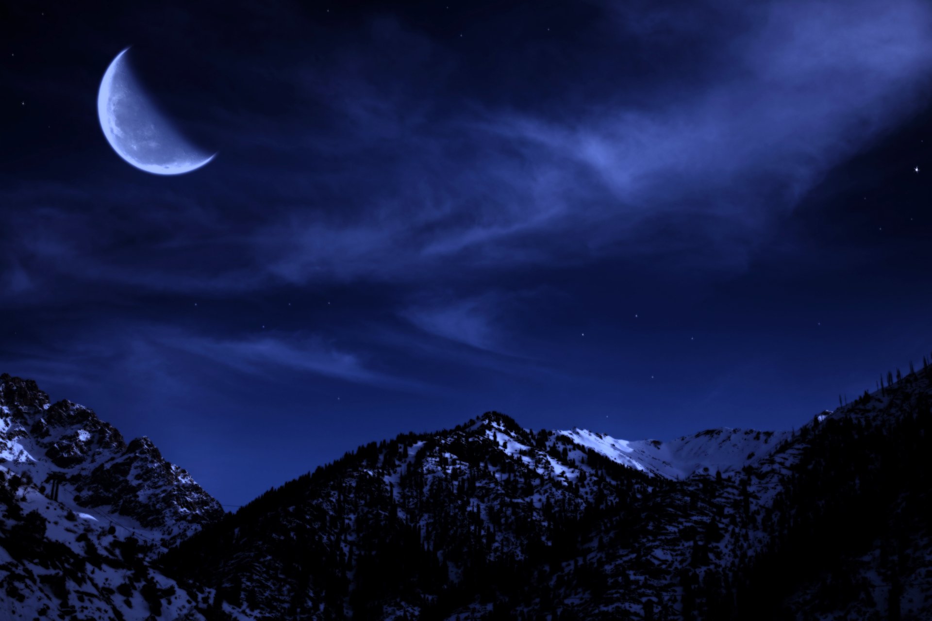 Moon Over Snow Covered Mountain