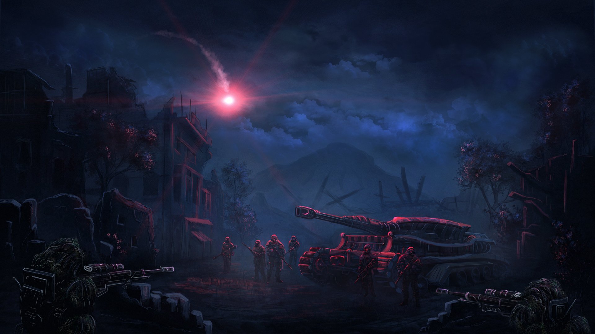 HD sci-fi desktop wallpaper depicting a nighttime military scene with a sniper, soldier squad, and a tank under a dark, cloudy sky illuminated by a red flare.