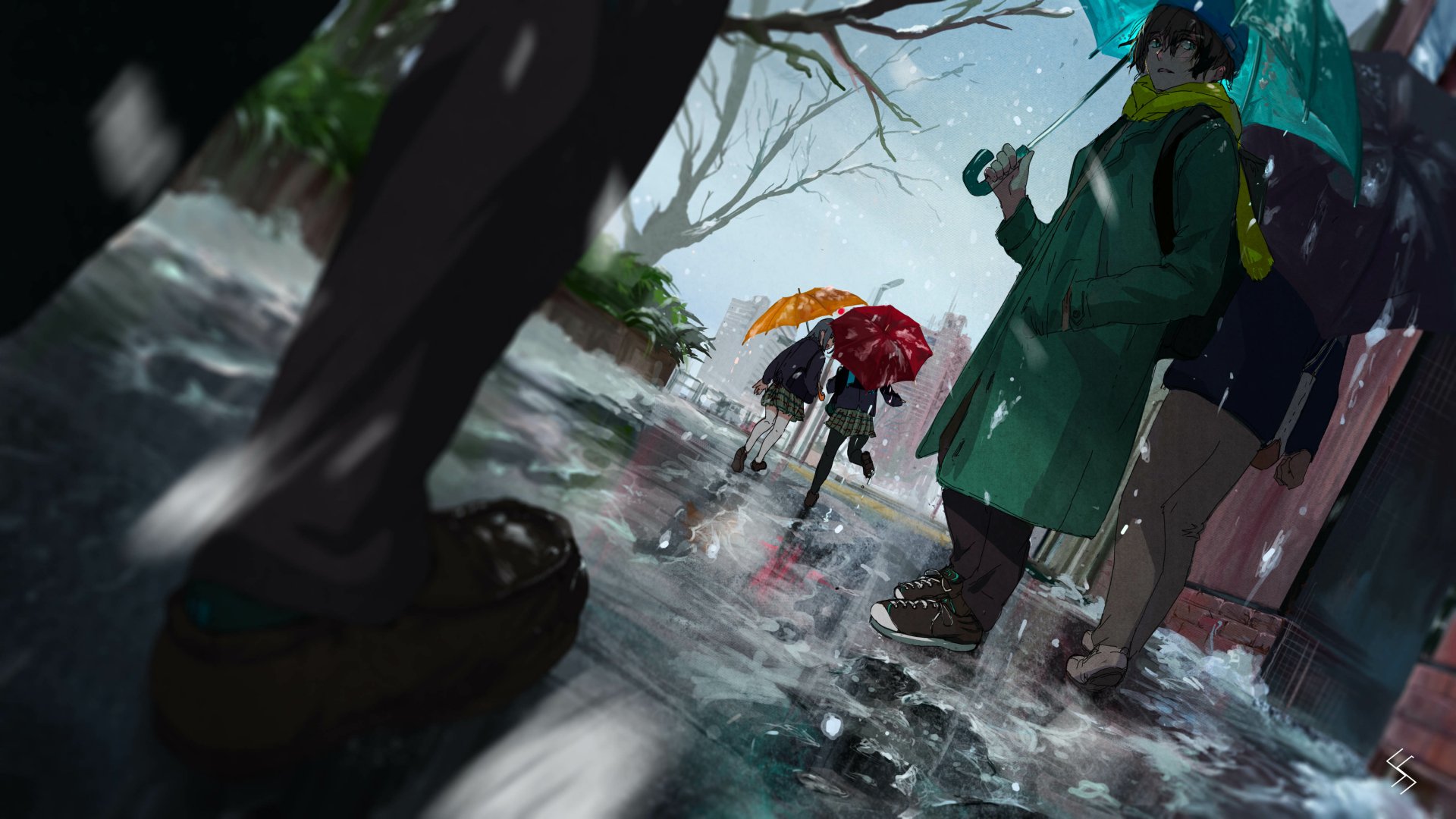 Anime-style original scene of people walking with umbrellas on a rainy street, rendered in 4K Ultra HD for PC desktop wallpaper and background.