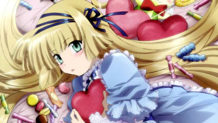 Anime HD wallpaper of Victorique de Blois with long blonde hair, green eyes, a blue dress, and ribbon, surrounded by colorful candy, holding a heart-shaped object.
