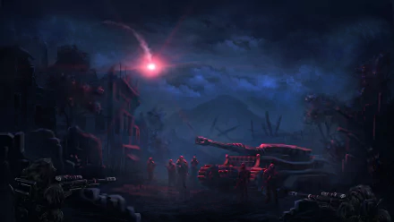 HD sci-fi desktop wallpaper depicting a nighttime military scene with a sniper, soldier squad, and a tank under a dark, cloudy sky illuminated by a red flare.