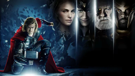 HD desktop wallpaper featuring Thor in action, surrounded by iconic characters from the movie. The dramatic backdrop highlights their expressions and the film's epic atmosphere.