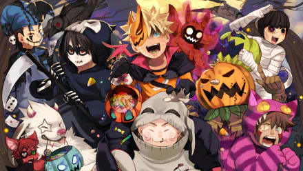 A vibrant HD desktop wallpaper featuring characters from Naruto, including Kakashi Hatake, Rock Lee, Shino Aburame, Kiba Inuzuka, Kurama, Naruto Uzumaki, Chōji Akimichi, Shikamaru Nara, Sasuke Uchiha, and Gaara in festive costumes.