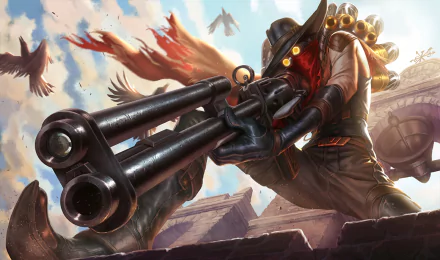 HD desktop wallpaper featuring Jhin from the video game League of Legends, holding a large weapon against a dramatic sky with flying birds.