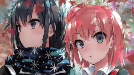 This HD desktop wallpaper features Yukino Yukinoshita with black hair and Yui Yuigahama with pink hair from the anime My Teen Romantic Comedy SNAFU. Yukino wears a scarf, both have grey eyes, against a leafy backdrop.