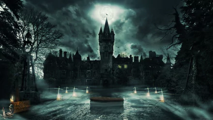 A gothic scene features a dark castle under a full moon, with a coffin illuminated by eerie light, surrounded by skeletons and crosses, creating a haunting atmosphere.