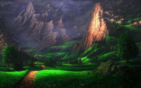 Artistic Landscape Earth Mountain Tree Road Green Path HD Wallpaper | Background Image