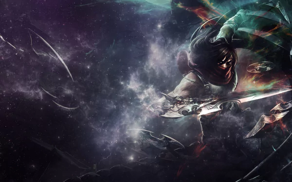 HD fantasy wallpaper featuring Talon from League of Legends, a black-haired warrior wielding glowing shurikens and blades amid a dark, glittering battle scene.