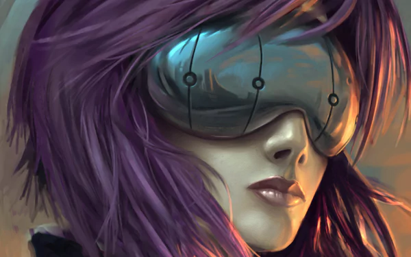 A striking HD wallpaper featuring Motoko Kusanagi from Ghost in the Shell, showcasing her short purple hair and futuristic visor in a vibrant cyberpunk setting.