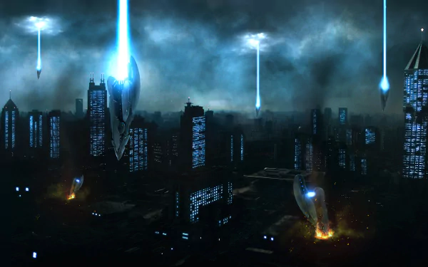 A dramatic sci-fi scene depicting a night cityscape under alien spaceship invasion, featuring luminous beams descending and buildings illuminated amidst chaos.