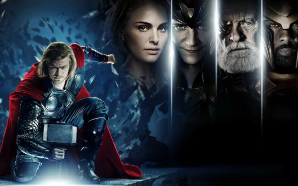 HD desktop wallpaper featuring Thor in action, surrounded by iconic characters from the movie. The dramatic backdrop highlights their expressions and the film's epic atmosphere.