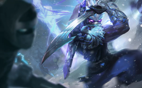 Shen from League of Legends wields his sword amidst a snowy backdrop in this HD wallpaper, capturing the essence of the game’s dynamic action and visual style.
