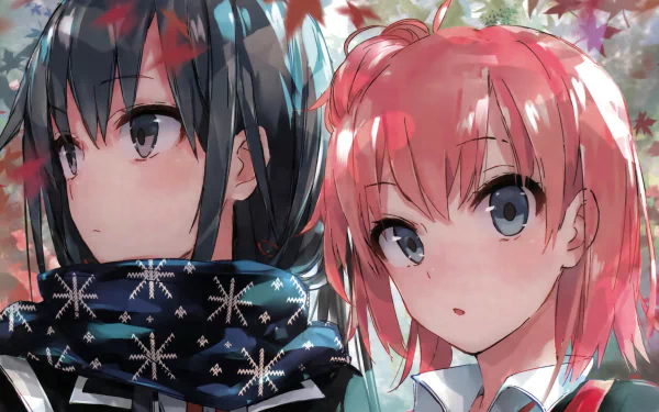 This HD desktop wallpaper features Yukino Yukinoshita with black hair and Yui Yuigahama with pink hair from the anime My Teen Romantic Comedy SNAFU. Yukino wears a scarf, both have grey eyes, against a leafy backdrop.