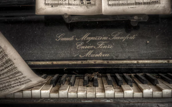Close-up HD desktop wallpaper showing worn piano keys and aged sheet music on an old piano, capturing vintage musical charm and history.