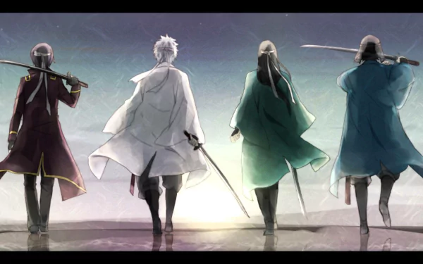 HD Gintama desktop wallpaper featuring four characters standing back-to-back with swords, set against a serene backdrop.