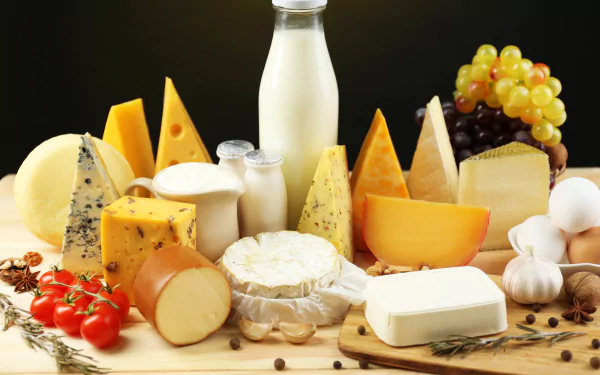 A vibrant still life of various cheeses, fresh milk, grapes, cherry tomatoes, and eggs arranged on a wooden surface, captured in 4K Ultra HD for a PC desktop wallpaper.