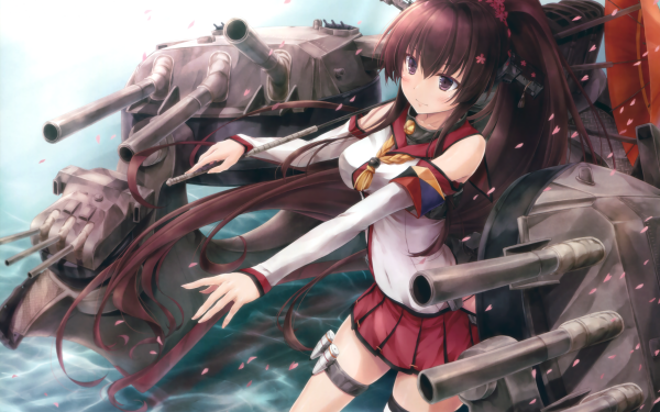 Anime Kantai Collection School Uniform Weapon Gun Brown Hair Skirt Yamato HD Wallpaper | Background Image