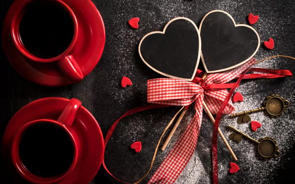 A romantic Valentine's Day scene featuring two red coffee cups, heart-shaped chalkboards, and small red hearts, all elegantly tied with a ribbon, set against a dark background.